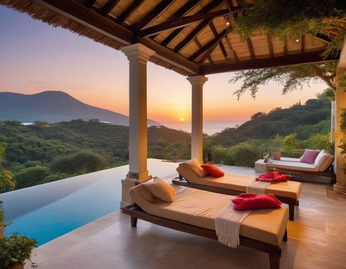 A romantic self-catering villa set against a picturesque sunset backdrop, featuring two elegantly-decorated bedrooms, a cozy living area, and a private terrace with a candlelit dinner setup. Include lush greenery and a sparkling pool to enhance the serene atmosphere. The couple can be seen enjoying their vacation, surrounded by nature’s beauty. vibrant colors. super-realistic. romantic ambiance.