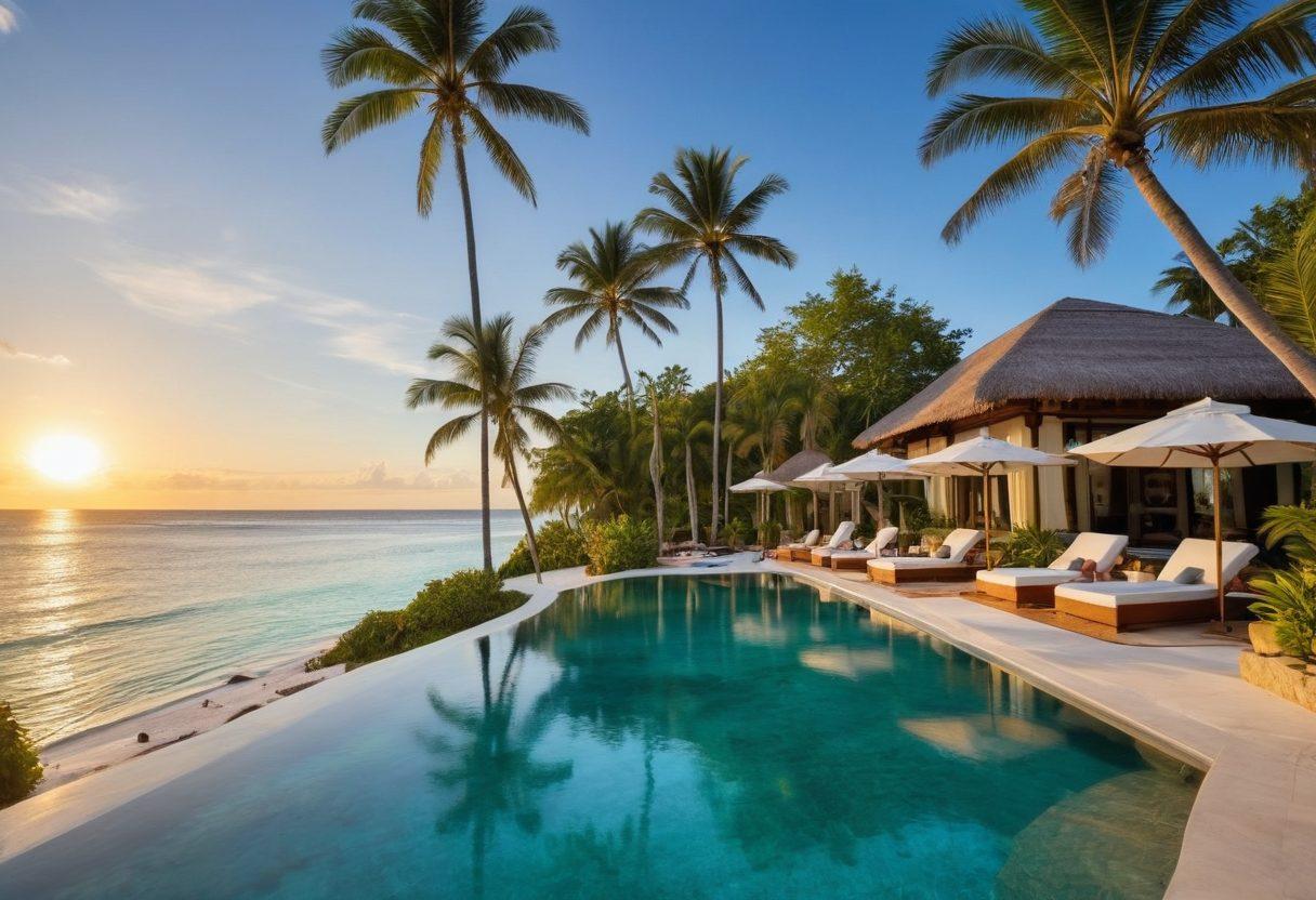 A serene, opulent resort nestled by a crystal-clear turquoise ocean, complete with palm trees swaying gently in the breeze. Add an elegant infinity pool reflecting the sunset, with plush lounge chairs surrounding it. Include a welcoming cabana adorned with delicate fabrics, offering a glimpse of gourmet dining options in the background. The atmosphere should evoke tranquility and indulgence. super-realistic. vibrant colors. tropical paradise.