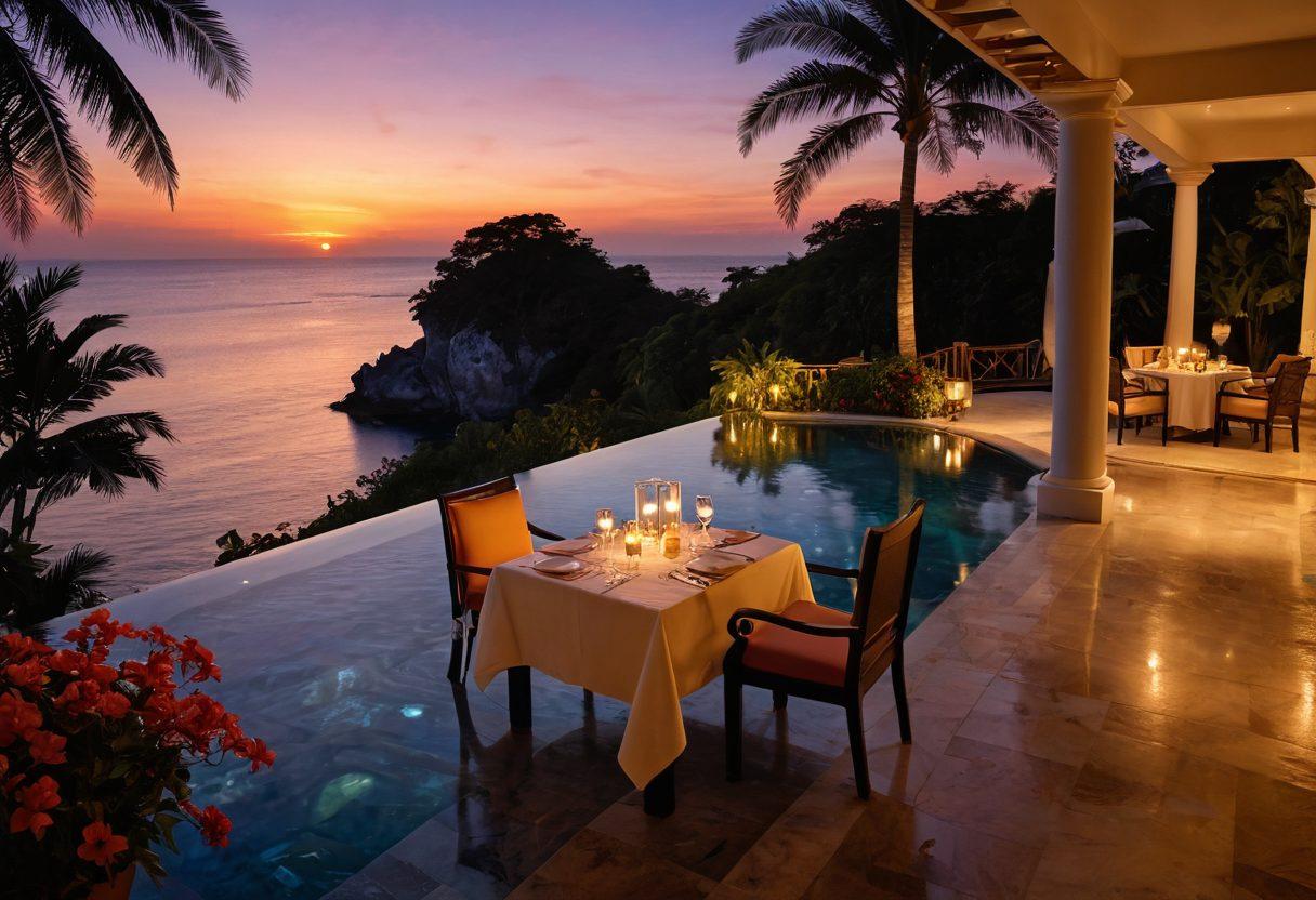 A serene luxury villa surrounded by lush tropical gardens and a crystal-clear infinity pool overlooking a sunset-lit ocean. Soft, romantic lighting casts shadows on the elegant architecture while a couple enjoys a candlelit dinner on the terrace. Include hints of exotic flowers and palm trees swaying gently in the breeze for a dreamy atmosphere. super-realistic. vibrant colors. romantic ambiance.